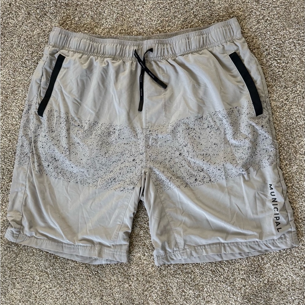 Gray and Black Athletic Shorts with Drawstring Waistband and Zip Pocket